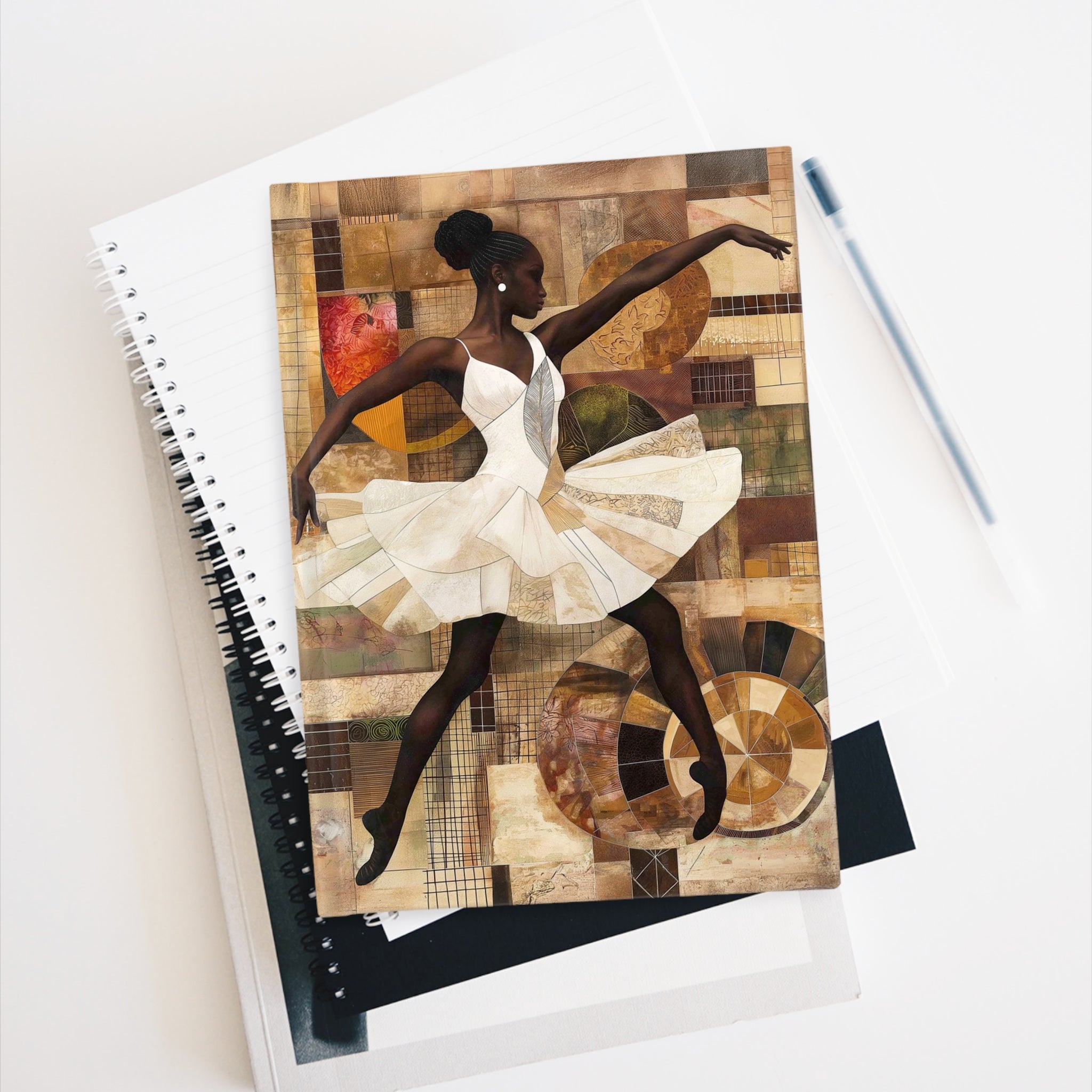 Black Ballerina Journal featuring a graceful Black woman ballet dancer. A perfect sketchbook and writing journal for students, artists, and lovers of Black woman art.