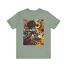 Black Woman Roller Skater Tee featuring a retro-style design with a big Afro, skating through a field of psychedelic colorful wildflowers. A bold Afrocentric tee perfect for roller derby teams and vintage fashion lovers.