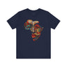Continent of Africa Tee Shirt featuring an abstract African mask within a mosaic-style Africa map. A bold Afrocentric top celebrating Black culture, heritage, and identity, perfect for unique gifting.