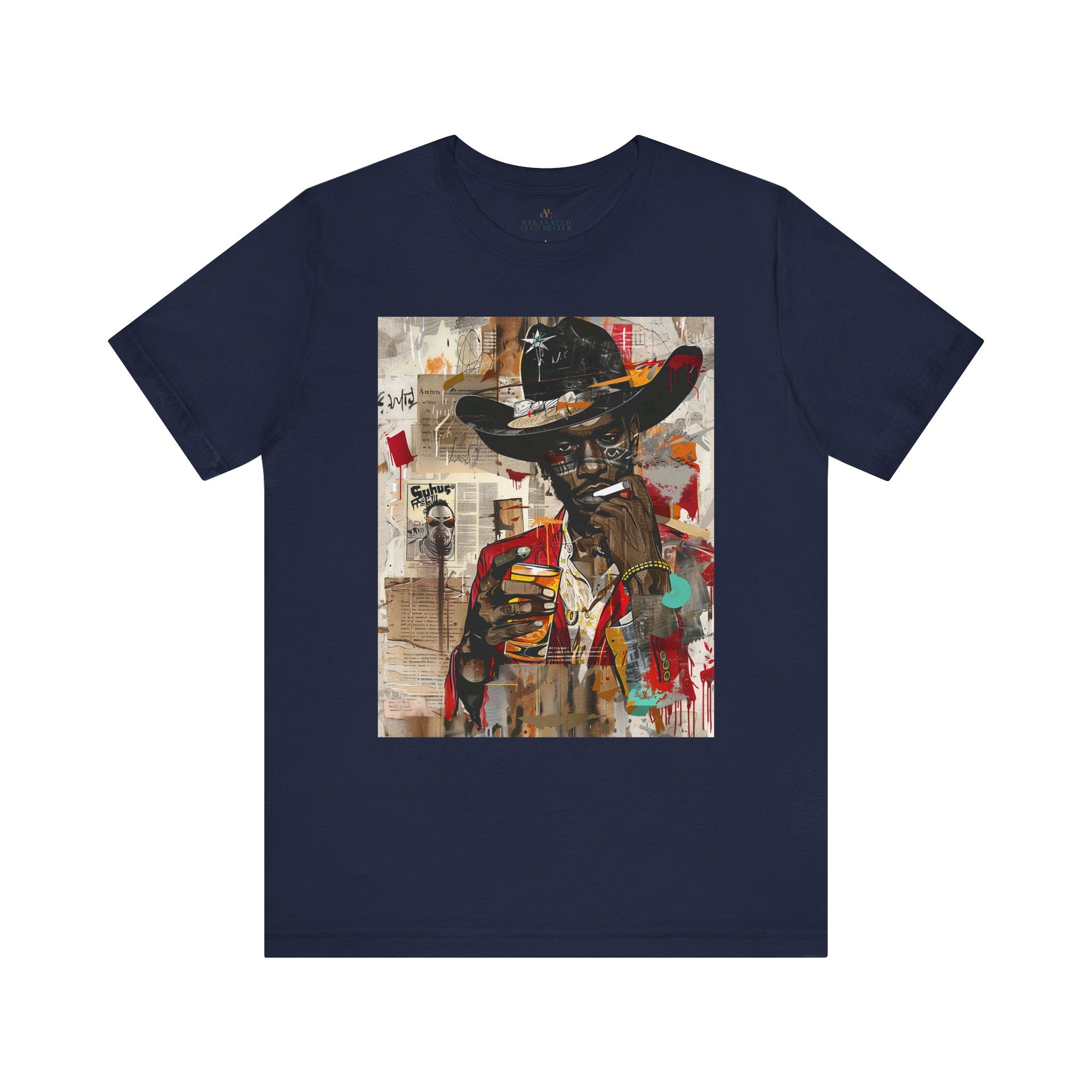 Black Cowboy Tee featuring an edgy African American cowboy with a challenging gaze, smoking a cigarette and drinking whiskey. A pop art, graffiti-inspired collage blending Western grit with urban street style.