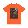 Voodoo Priestess Tee Shirt featuring Afrocentric gothic artwork of a woman with skull face paint, red eyes, and holding a tarot card. Dark fantasy Afrocentric graphic tee for mysticism, culture, and streetwear fashion.