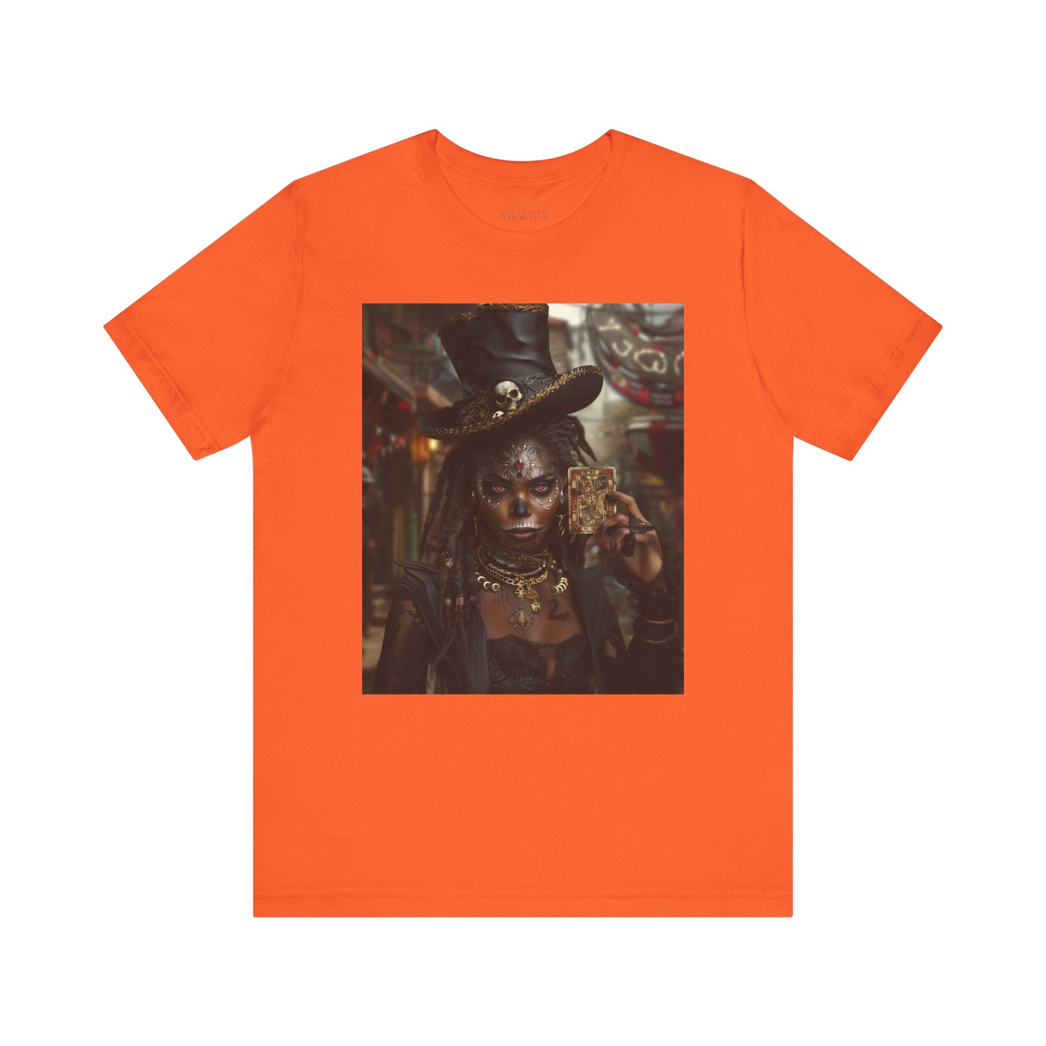Voodoo Priestess Tee Shirt featuring Afrocentric gothic artwork of a woman with skull face paint, red eyes, and holding a tarot card. Dark fantasy Afrocentric graphic tee for mysticism, culture, and streetwear fashion.