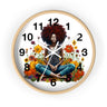 Black Female Yoga Round Wall Clock featuring an Afrocentric woman in meditation pose. Modern Yogi art clock for yoga studio, spa, or peaceful home decor.
