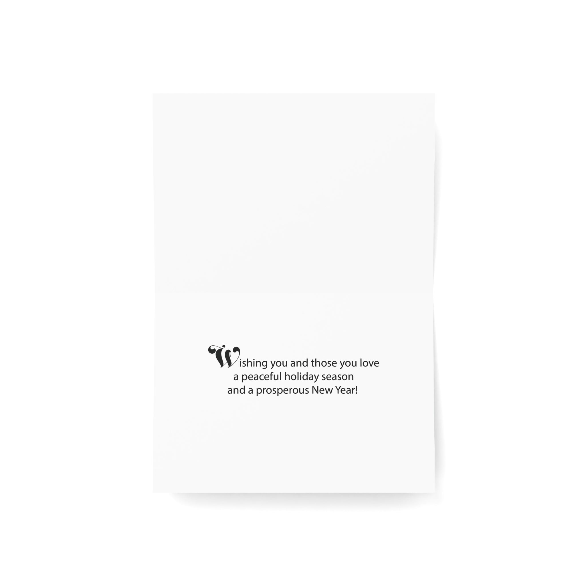 Christmas cards featuring African American holiday carolers and Black church choir singers in festive attire, available as a single card or boxed set with white envelopes.
