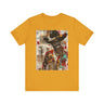 Black Cowboy Tee featuring an edgy African American cowboy with a challenging gaze, smoking a cigarette and drinking whiskey. A pop art, graffiti-inspired collage blending Western grit with urban street style.