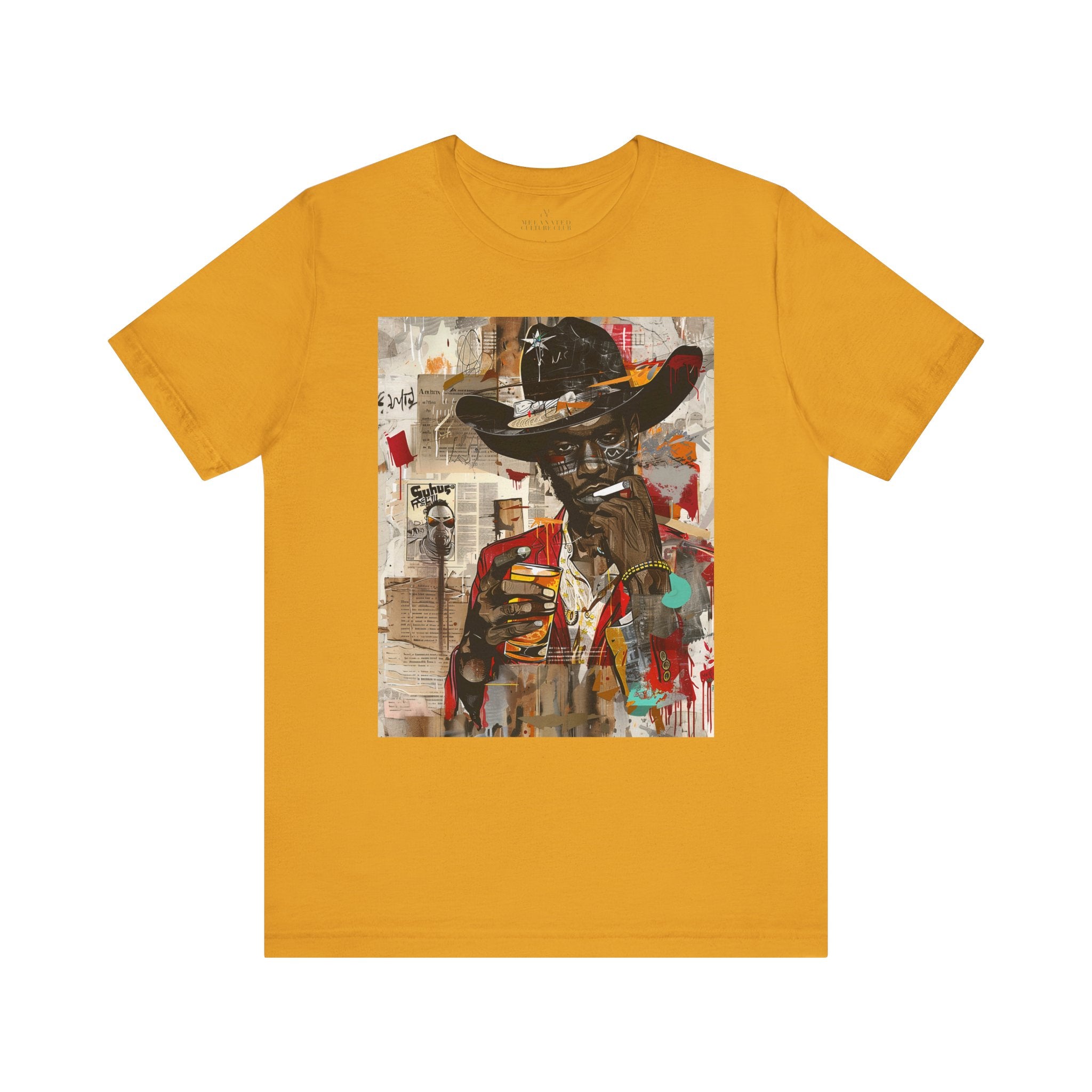 Black Cowboy Tee featuring an edgy African American cowboy with a challenging gaze, smoking a cigarette and drinking whiskey. A pop art, graffiti-inspired collage blending Western grit with urban street style.