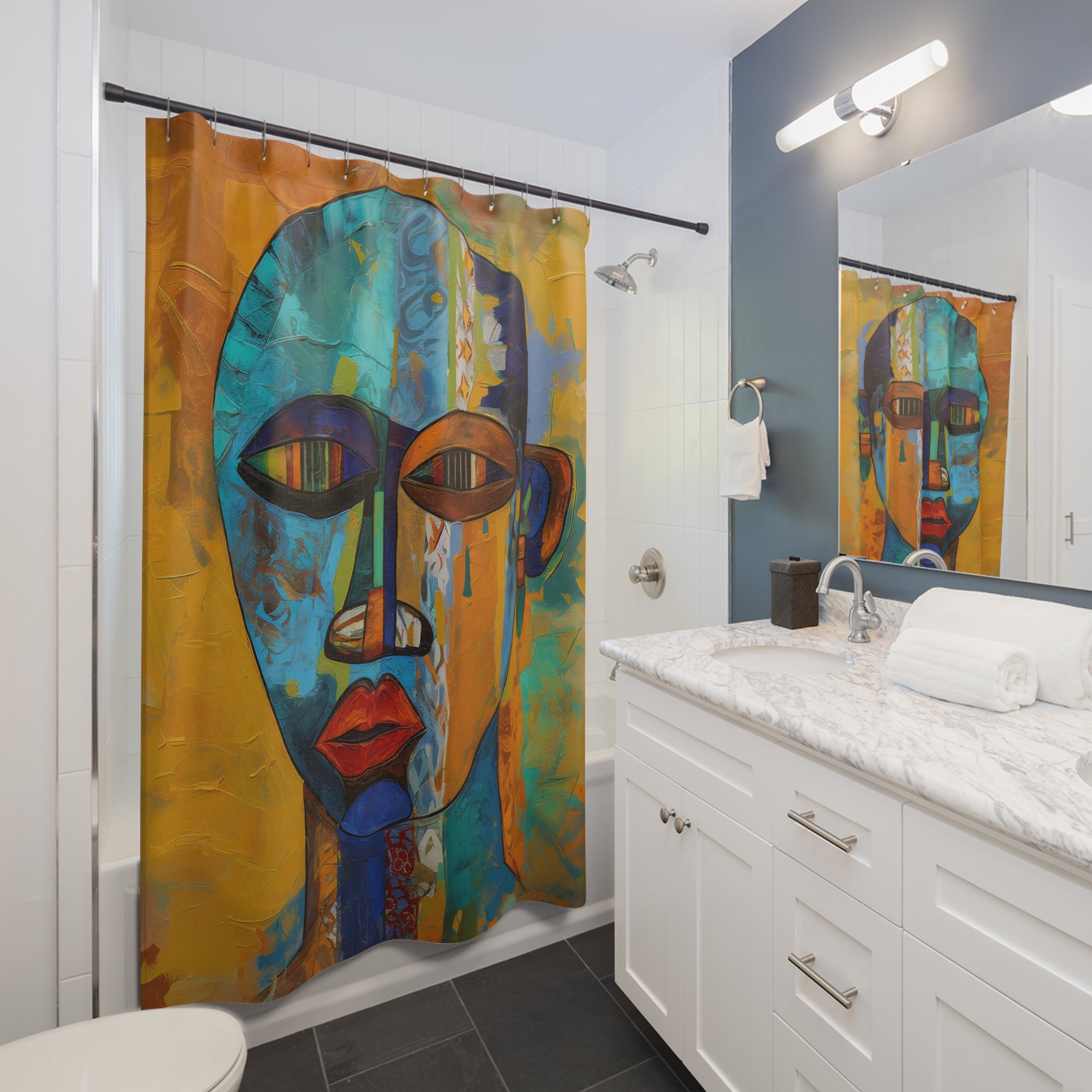 Bathroom shower curtain featuring an abstract African mask design with bold Afrocentric patterns, ideal for African-inspired home decor.