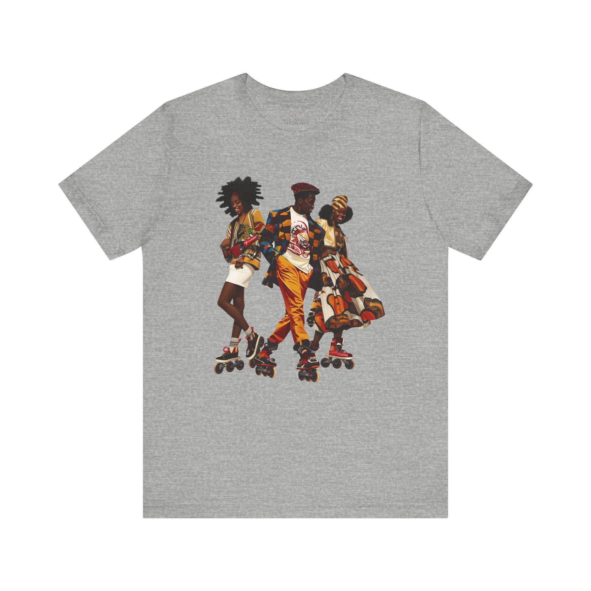 Black Roller Skaters Hip Hop Tee Shirt featuring a stylish Black man and women roller skating in vibrant Afrocentric streetwear; adult unisex top celebrating Black culture, retro skating vibes, and urban fashion.