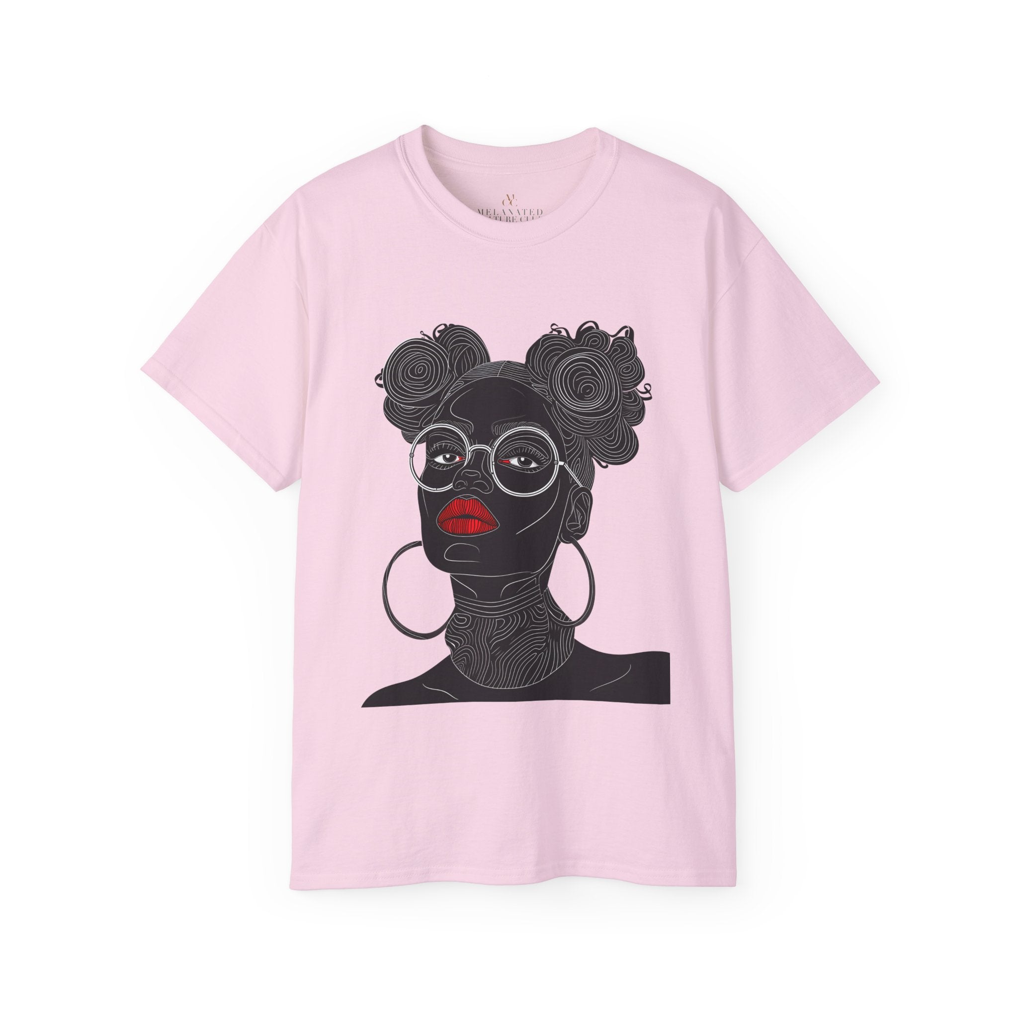 Black Girl Bantu Knots Tee Shirt featuring an Afrocentric design of a Black woman with natural hair, bold red lipstick, beautiful Black skin, and white wire-frame glasses. A stylish statement of culture and empowerment.