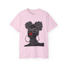 Black Girl Bantu Knots Tee Shirt featuring an Afrocentric design of a Black woman with natural hair, bold red lipstick, beautiful Black skin, and white wire-frame glasses. A stylish statement of culture and empowerment.