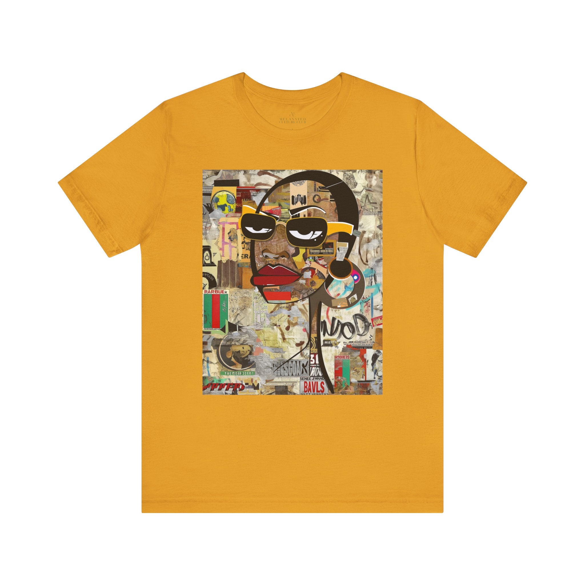 Boss Babe graphic tee featuring an abstract cartoon-style Black woman with bold yellow framed eyeglasses. The design has a vibrant, graffiti-inspired aesthetic that celebrates African American beauty, confidence, and urban art style.