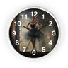 Black Girl Ballerina Round Wall Clock featuring an African American ballerina in a graceful pose, with detailed tutu folds and ballet slippers.