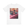 Fashionista Black Woman Tee featuring a vintage-inspired retro 50s African American lady driving a pink convertible. A stylish fly girl tee celebrating Black beauty and classic fashion.