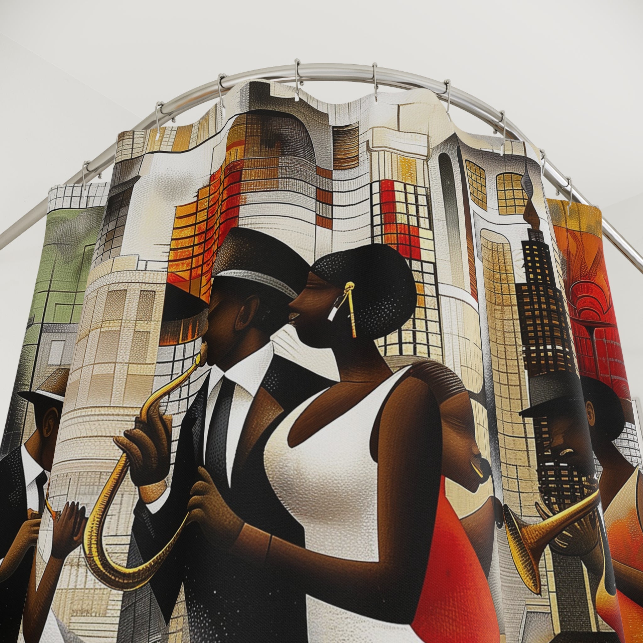 Harlem Renaissance Bathroom Shower Curtain featuring abstract jazz musicians in a Bauhaus-inspired Afrocentric design. A bold bohemian art piece perfect for adding cultural flair to your bathroom decor.