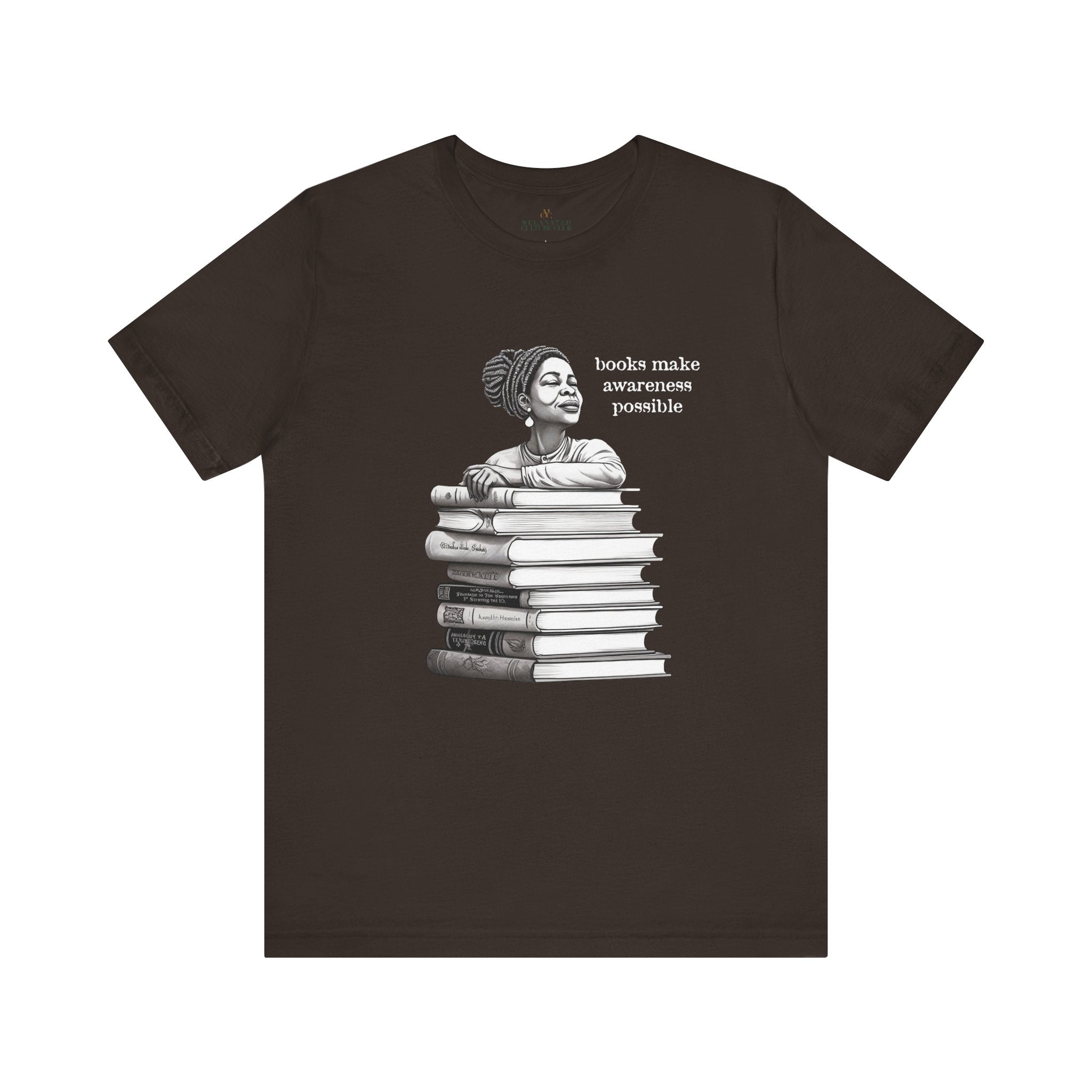 Black Woman Reading Books Tee Shirt in brown.