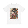 Black Cowboy Tee featuring an edgy African American cowboy with a challenging gaze, smoking a cigarette and drinking whiskey. A pop art, graffiti-inspired collage blending Western grit with urban street style.