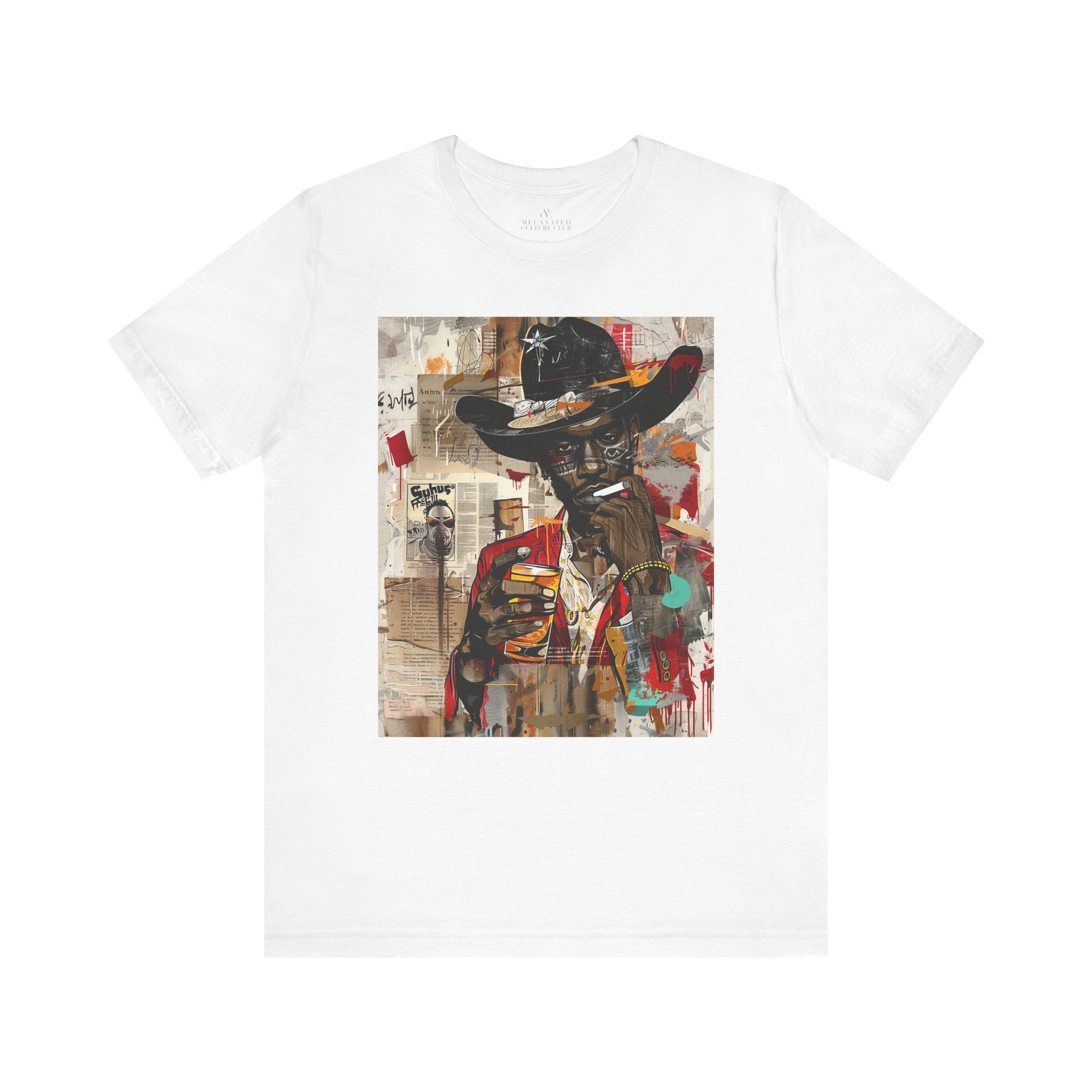 Black Cowboy Tee featuring an edgy African American cowboy with a challenging gaze, smoking a cigarette and drinking whiskey. A pop art, graffiti-inspired collage blending Western grit with urban street style.
