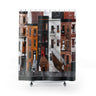 Harlem Neighborhood Shower Curtain featuring abstract brownstones and street life, Afrocentric bathroom decor inspired by Harlem culture.