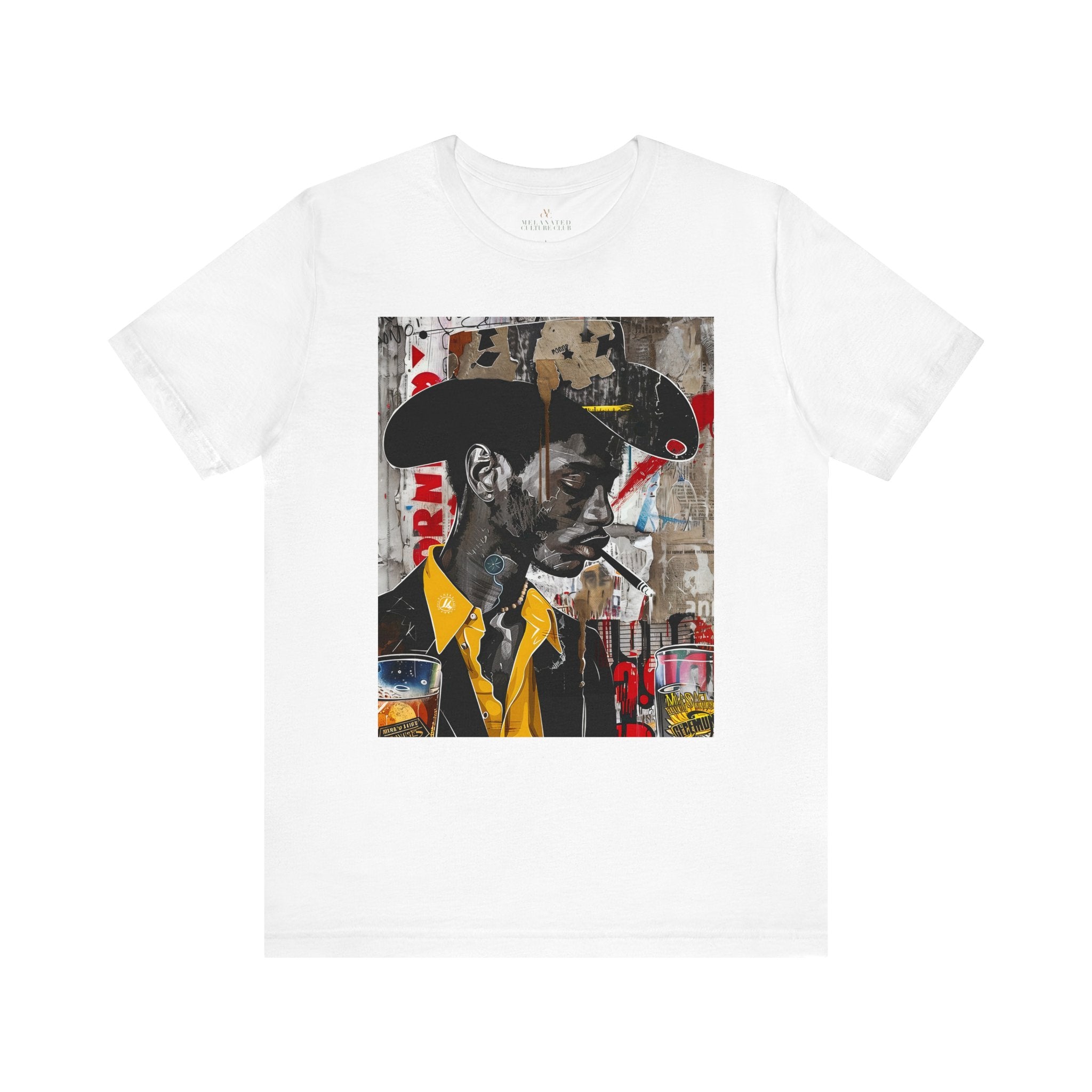 Western Rugged Black Cowboy Tee featuring an edgy African American man with a cigar and whiskey. A bold Afrocentric culture shirt with pop art, graffiti, and collage-inspired design.