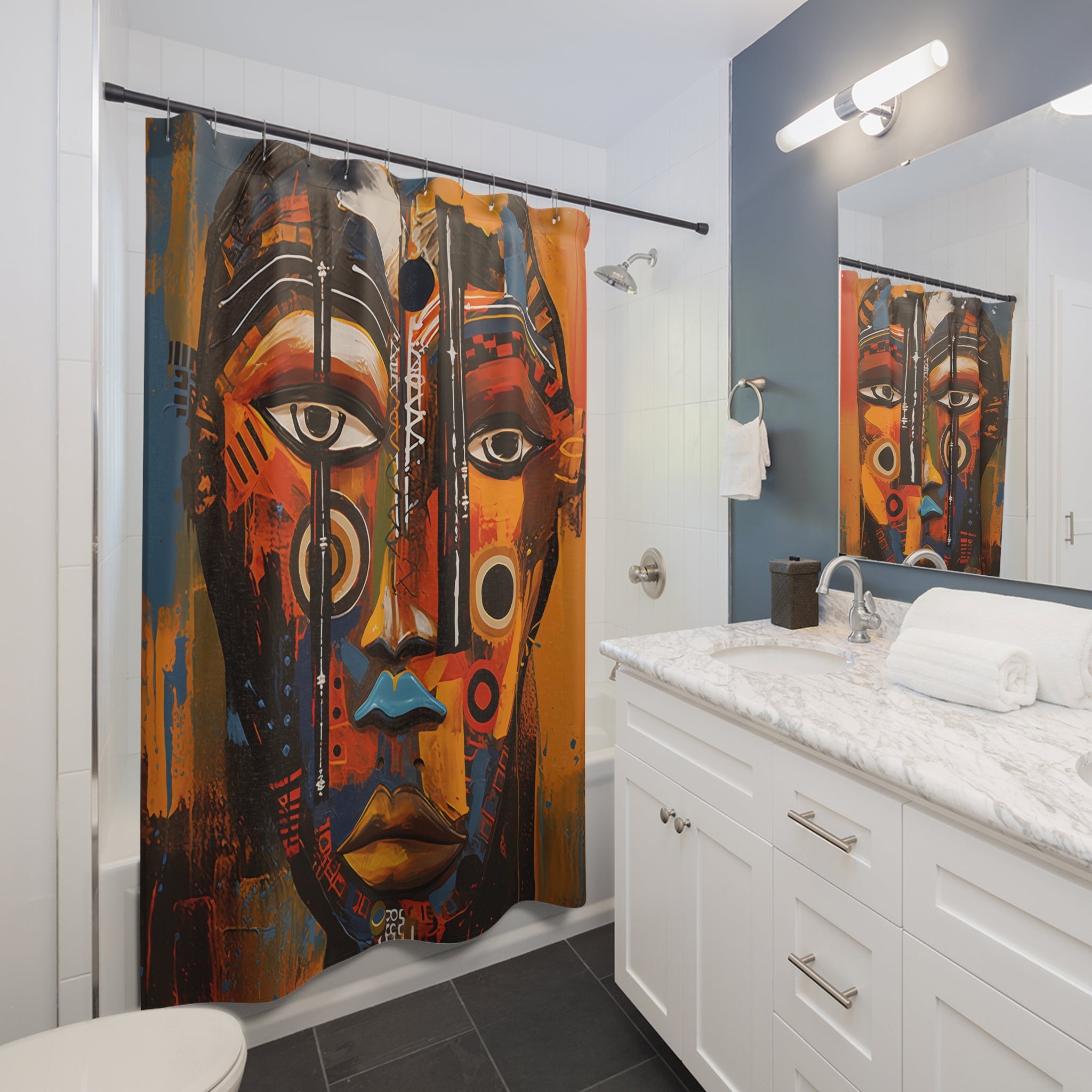 Bathroom shower curtain featuring an abstract African mask design with bold Afrocentric patterns, ideal for African-inspired home decor.