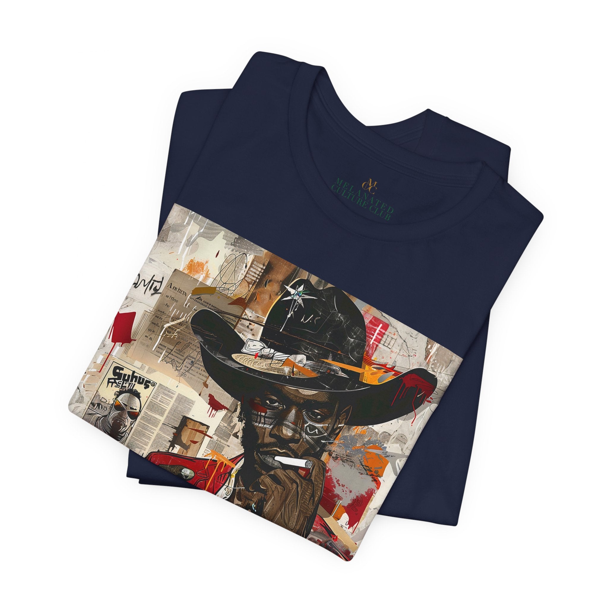 Black Cowboy Tee featuring an edgy African American cowboy with a challenging gaze, smoking a cigarette and drinking whiskey. A pop art, graffiti-inspired collage blending Western grit with urban street style.