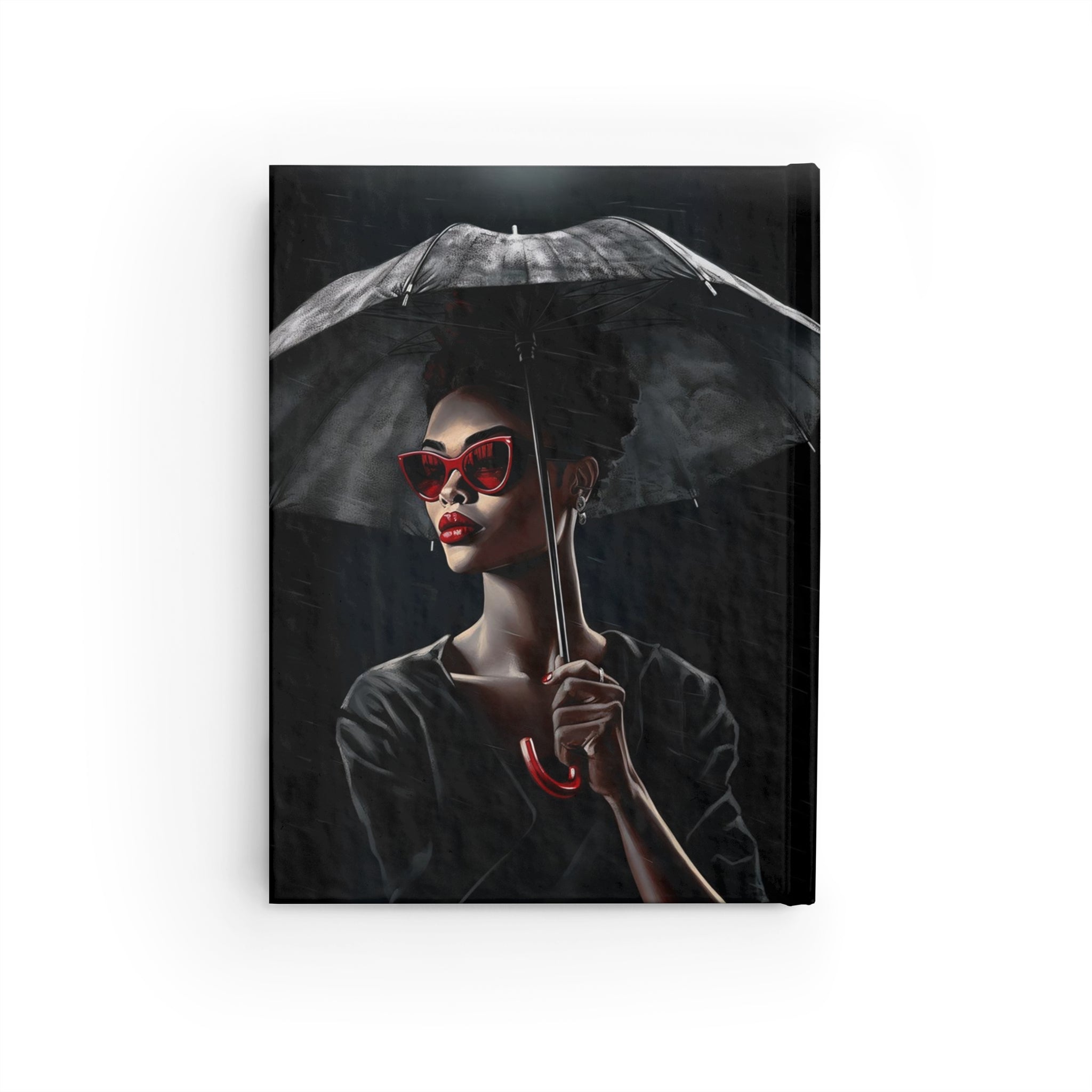 Black Woman Fashionista Journal featuring a mysterious African American woman with bold red lipstick, trendy red sunglasses, and a black umbrella in stormy weather. A stylish memory journal for fashion lovers and writers.