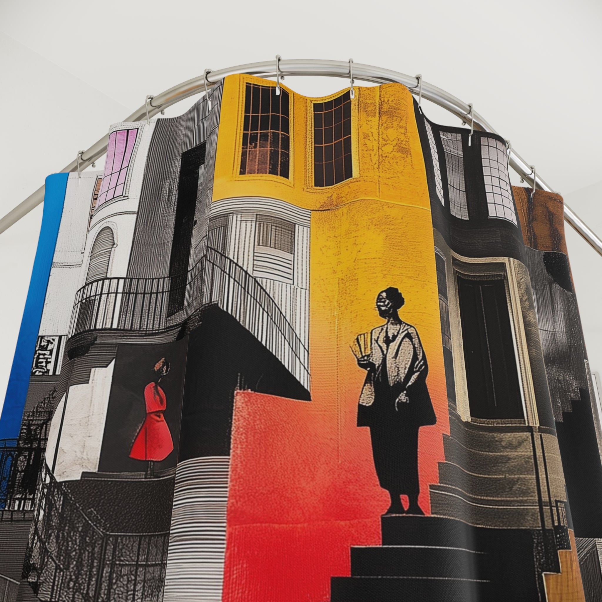 Harlem Brownstones Shower Curtain featuring Afrocentric artwork of Harlem street life and iconic neighborhood buildings, perfect for cultural bathroom decor