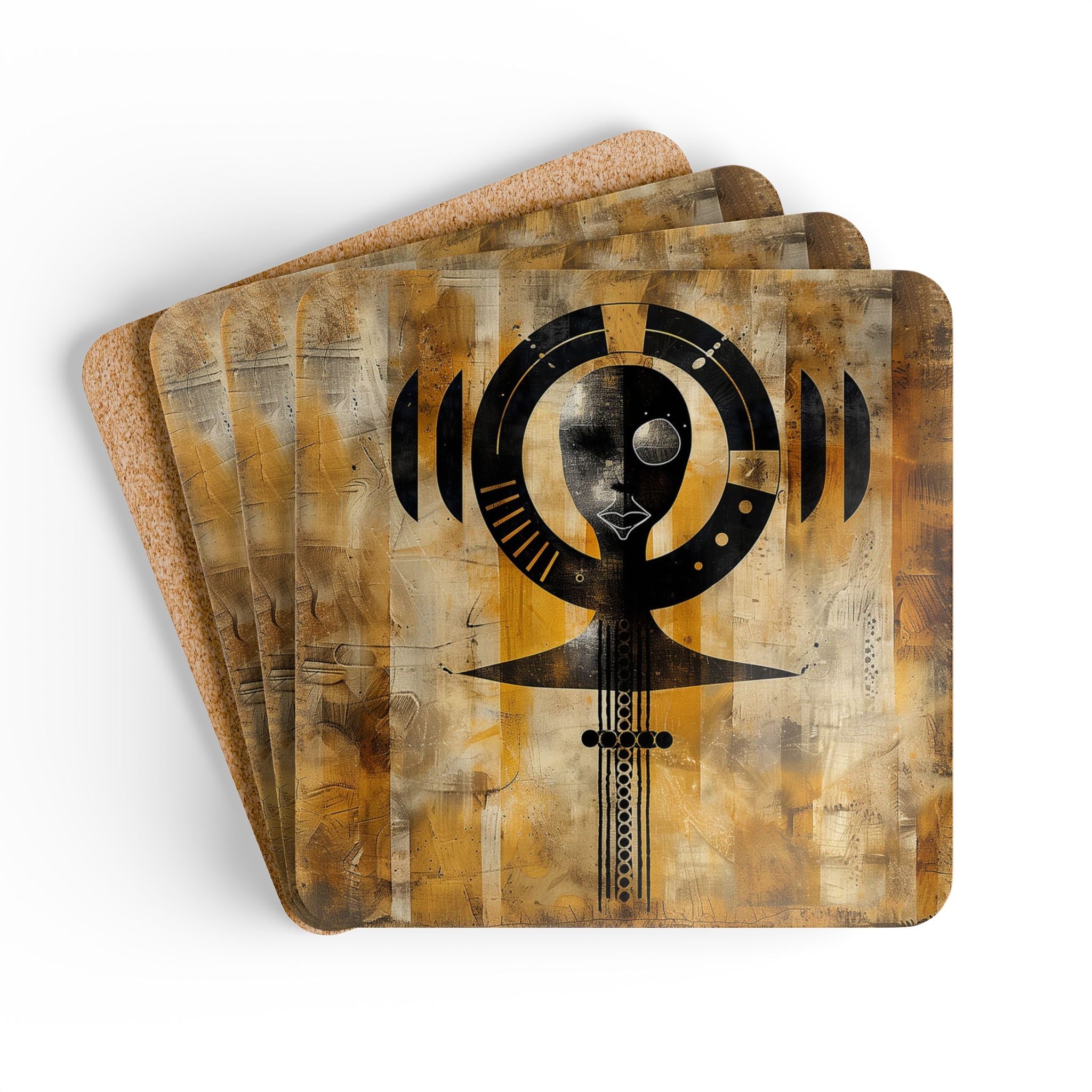 Set of drink coasters featuring the Ashanti fertility doll symbol from Ghana. Afrocentric design perfect for African-inspired barware, cultural decor, or as a meaningful housewarming gift.