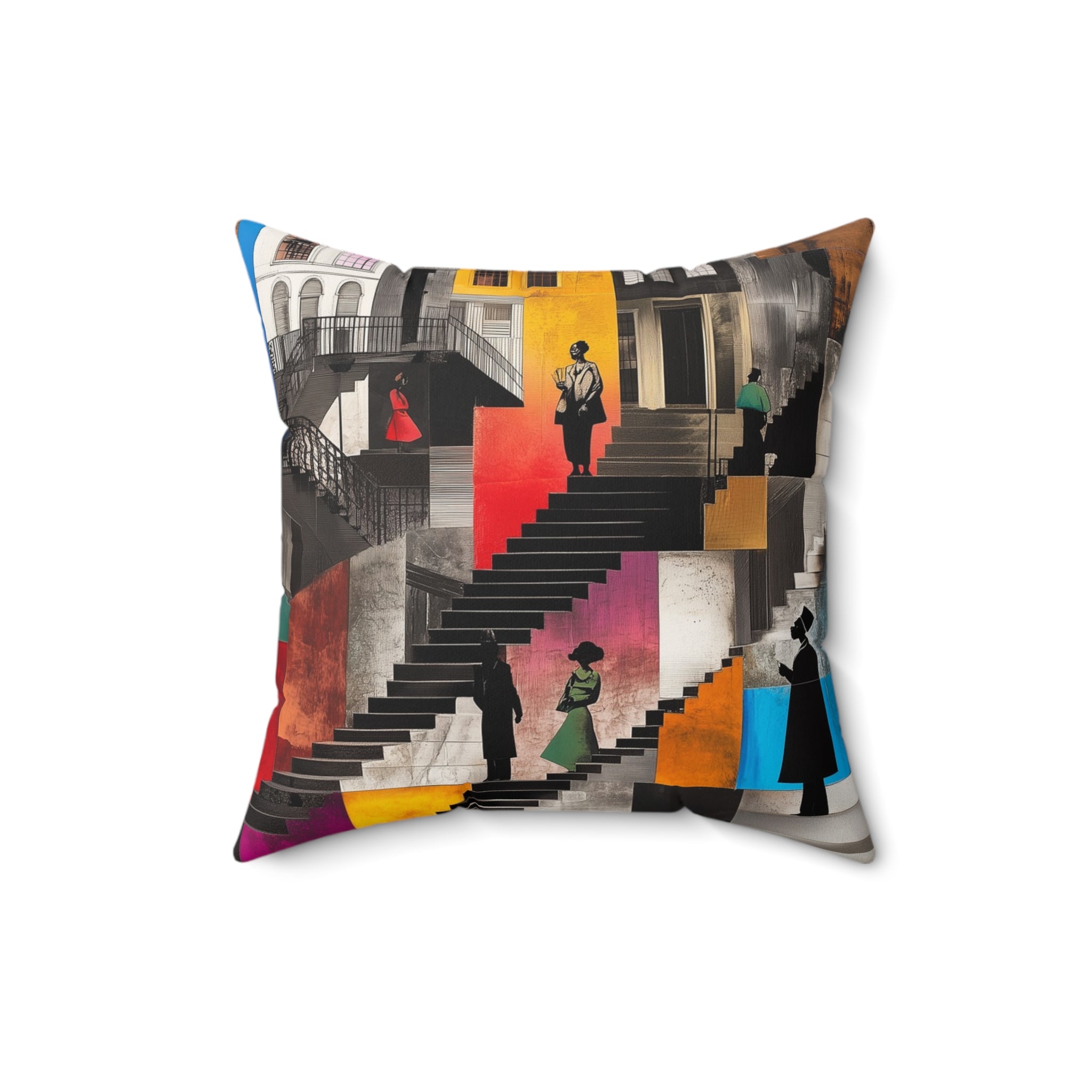 Harlem Neighborhood Faux Suede Square Pillow featuring abstract Black figures sitting on exaggerated brownstone stoops, capturing Harlem life and Afrocentric home style.