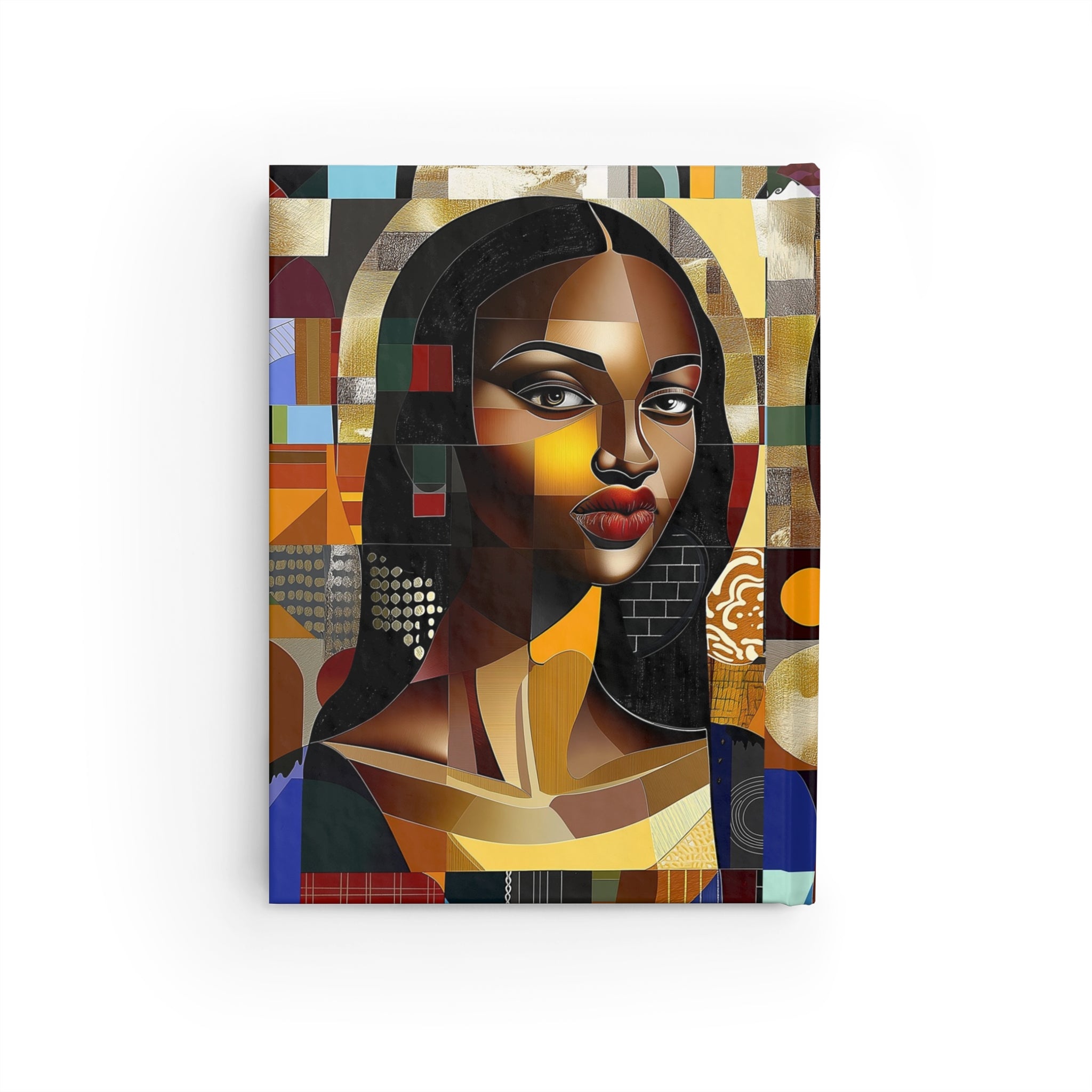Black Mona Lisa Journal featuring an abstract pop art design of an iconic beautiful, majestic woman. Perfect for writers, artists, and creatives who celebrate Black beauty and culture.