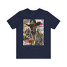 Black Cowboy Tee featuring an edgy African American cowboy with a challenging gaze, smoking a cigarette and drinking whiskey. A pop art, graffiti-inspired collage blending Western grit with urban street style.