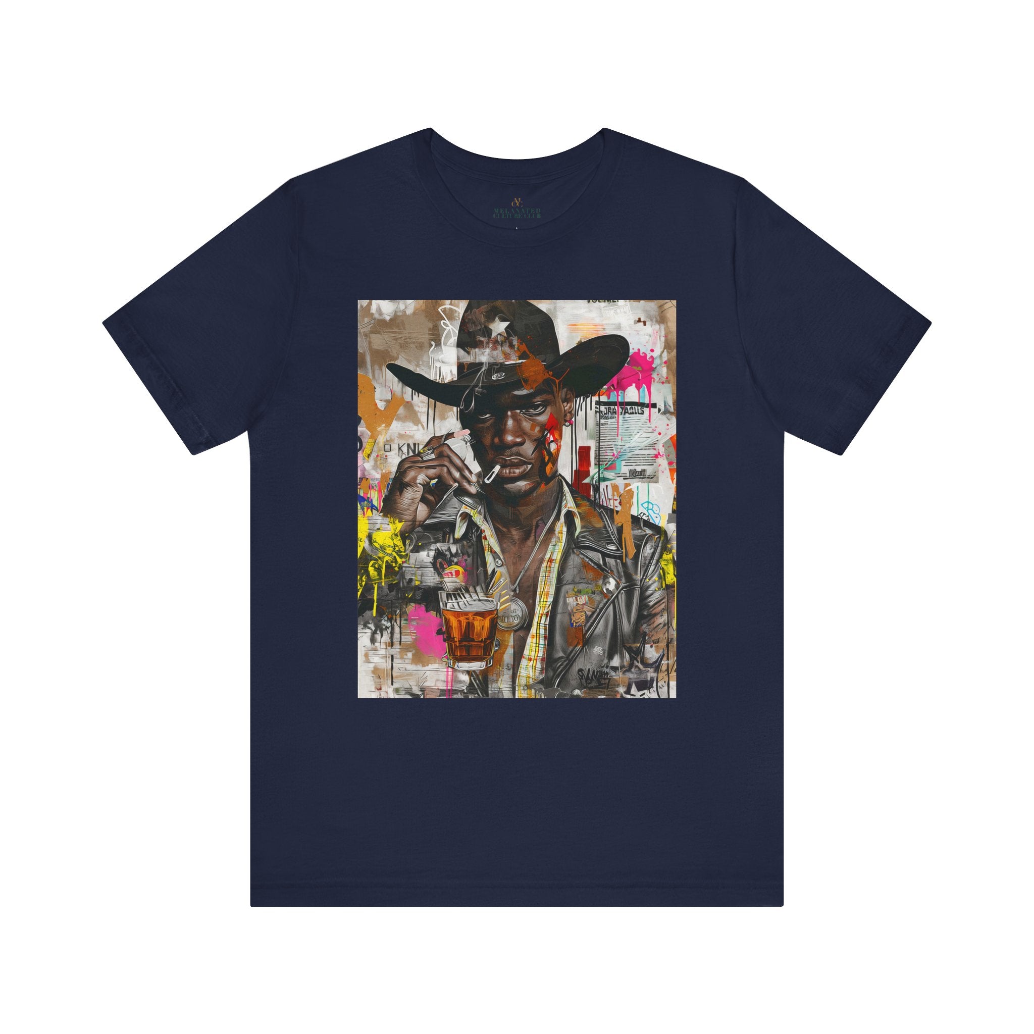 Black Cowboy Tee featuring an edgy African American cowboy with a challenging gaze, smoking a cigarette and drinking whiskey. A pop art, graffiti-inspired collage blending Western grit with urban street style.