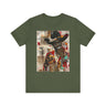 Black Cowboy Tee featuring an edgy African American cowboy with a challenging gaze, smoking a cigarette and drinking whiskey. A pop art, graffiti-inspired collage blending Western grit with urban street style.
