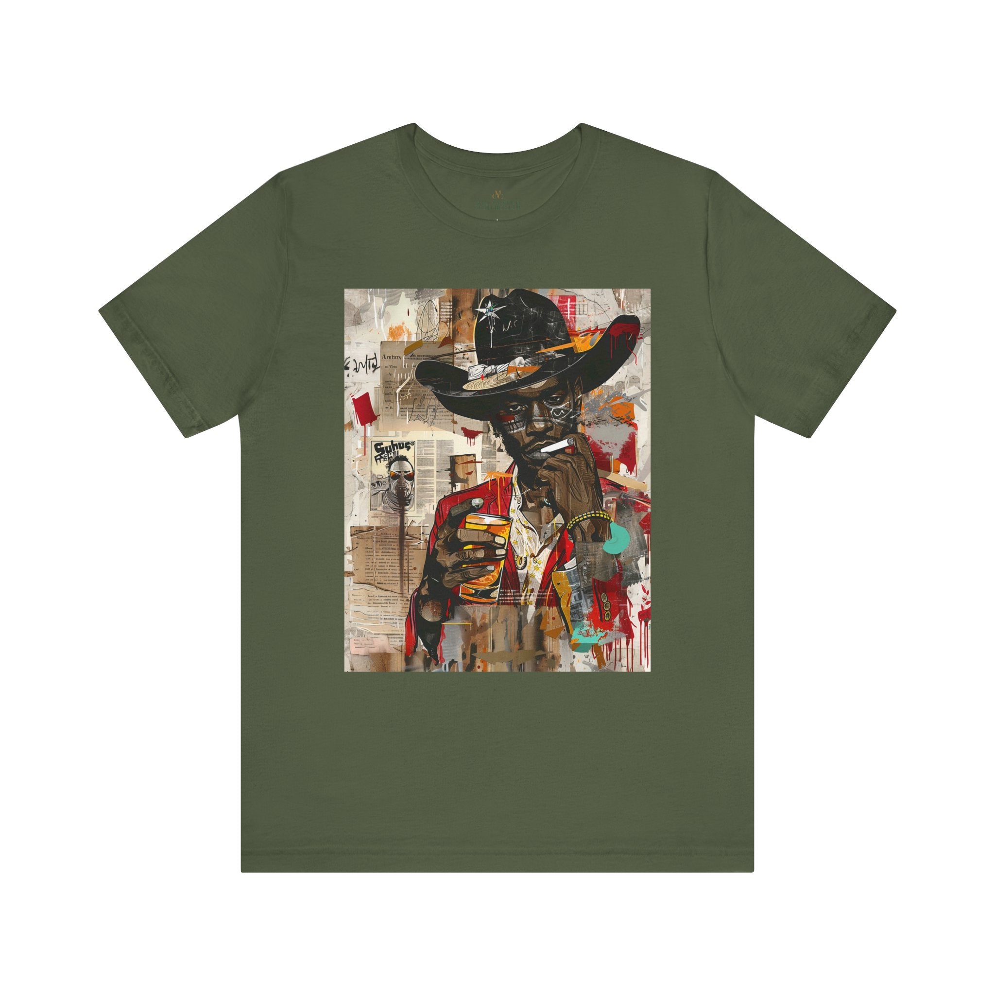 Black Cowboy Tee featuring an edgy African American cowboy with a challenging gaze, smoking a cigarette and drinking whiskey. A pop art, graffiti-inspired collage blending Western grit with urban street style.