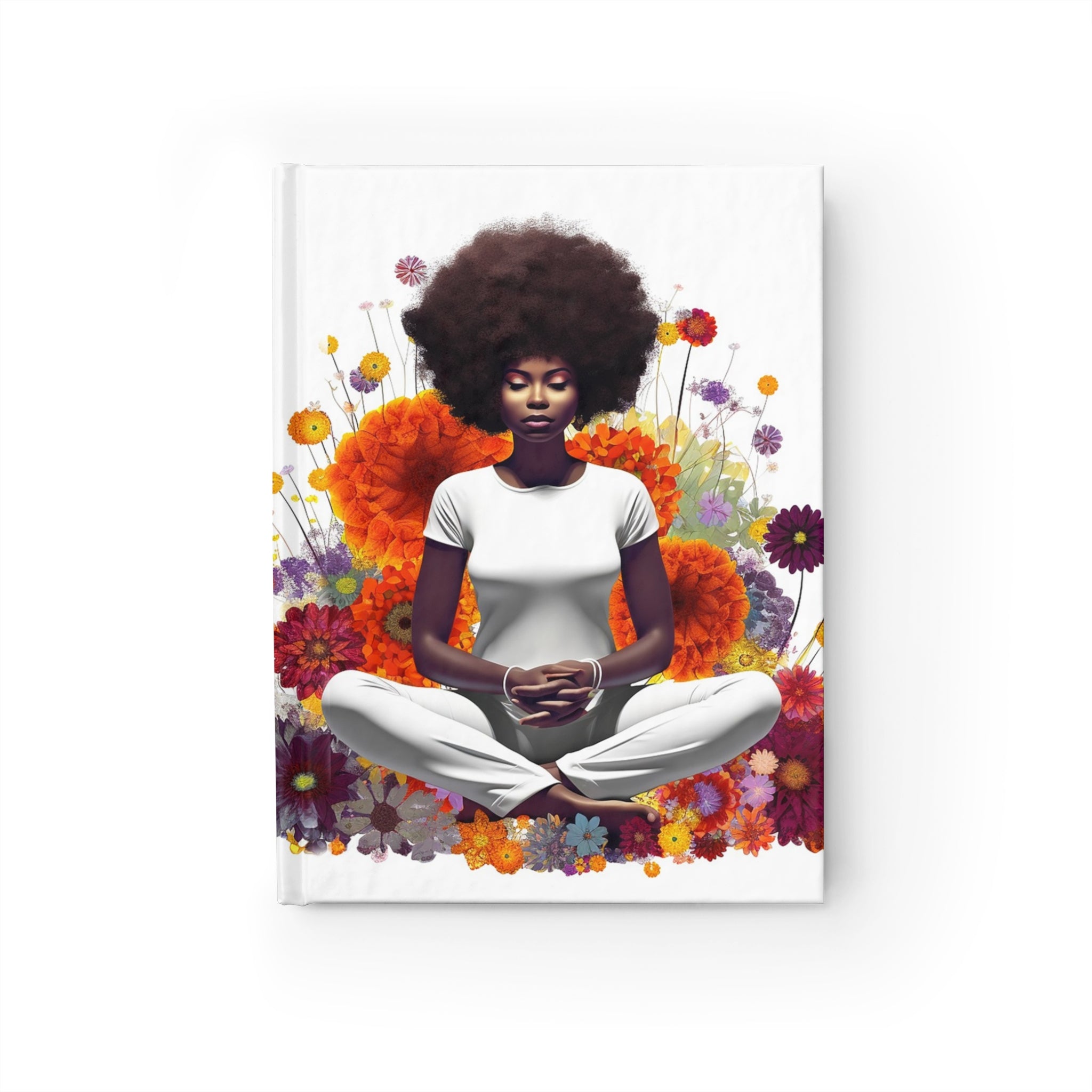 Black Woman Yoga Pose Journal featuring an African American woman meditating in a field of wildflowers. A perfect gift for yogis, wellness lovers, and mindfulness journaling.