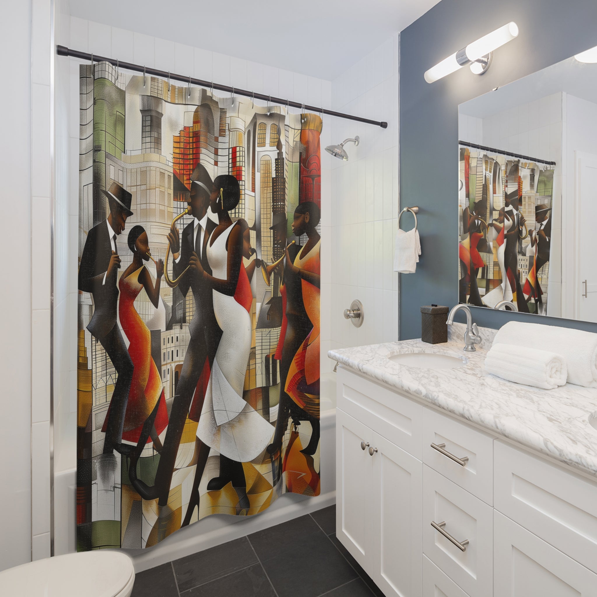 Harlem Renaissance Bathroom Shower Curtain featuring abstract jazz musicians in a Bauhaus-inspired Afrocentric design. A bold bohemian art piece perfect for adding cultural flair to your bathroom decor.