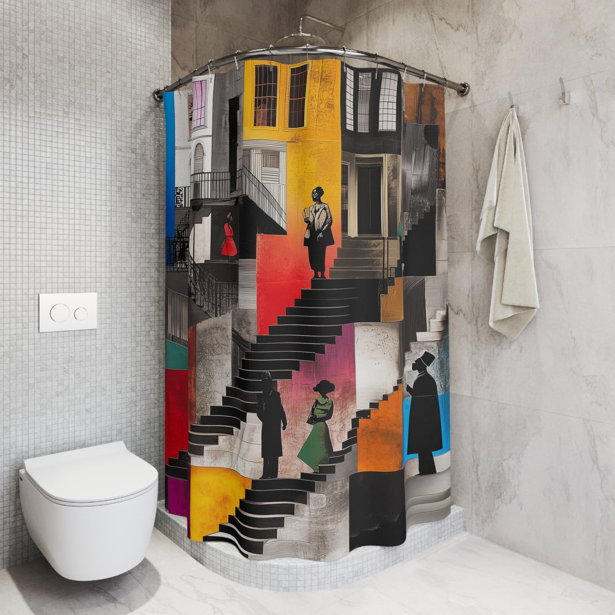 Harlem Brownstones Shower Curtain featuring Afrocentric artwork of Harlem street life and iconic neighborhood buildings, perfect for cultural bathroom decor