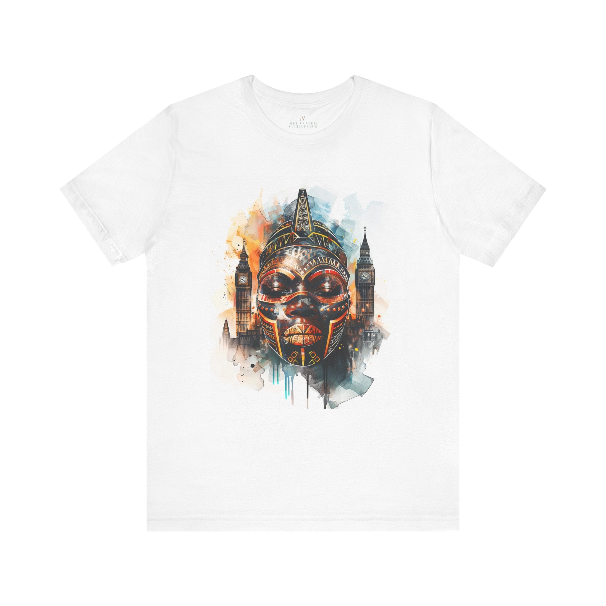 London Abstract African Mask Tee Shirt in white.