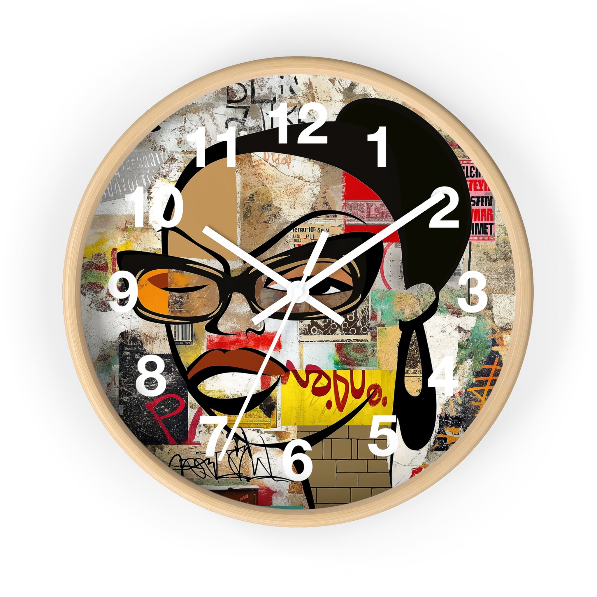 Boss Babe Black Girl Wall Clock featuring Afrocentric cartoon character Markeisha in vibrant graffiti art style. Black woman empowerment decor for modern home or office.