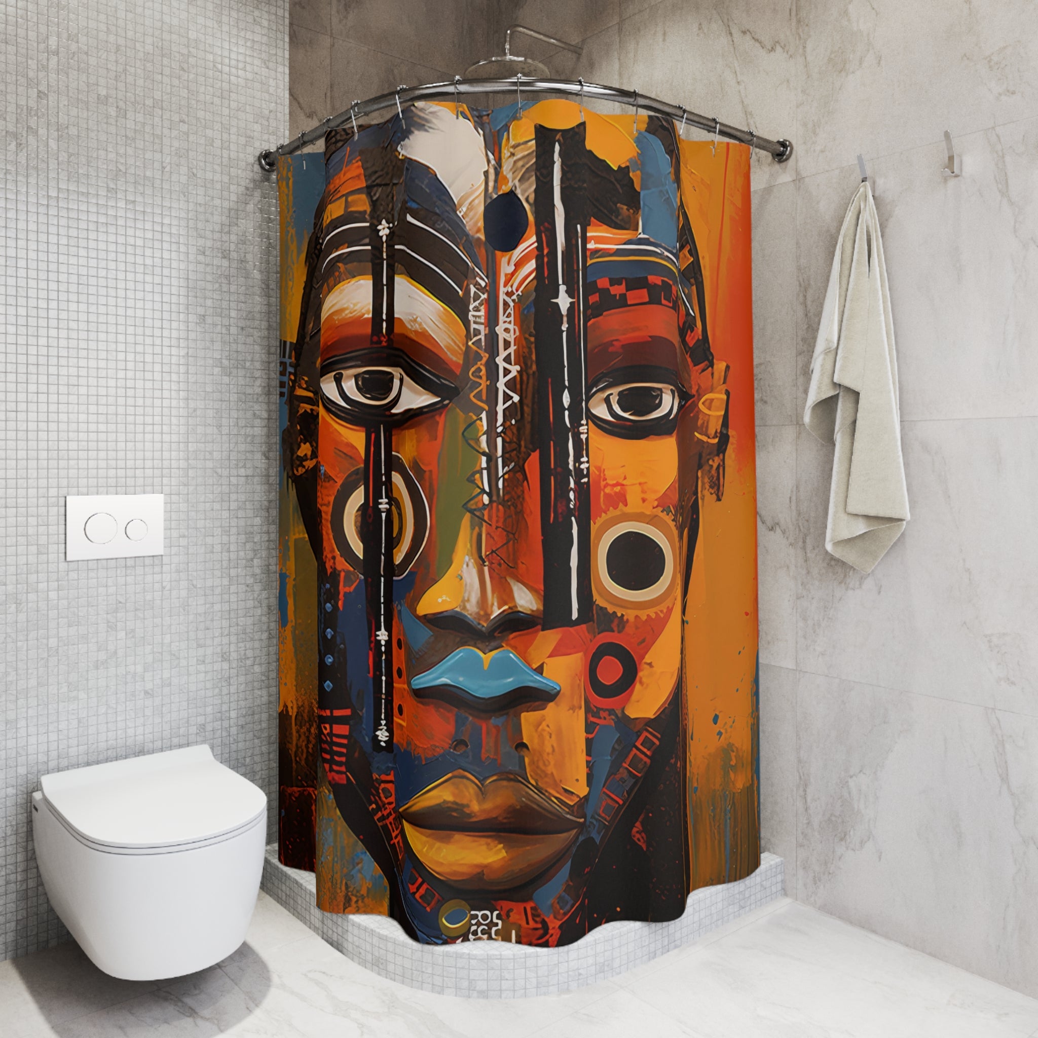Bathroom shower curtain featuring an abstract African mask design with bold Afrocentric patterns, ideal for African-inspired home decor.