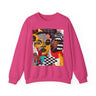 Black Women Collage Art Sweatshirt featuring a vibrant multidimensional “Soul Sister” pop art design in bold colors, Afrocentric graphic crewneck celebrating cultural pride and heritage.