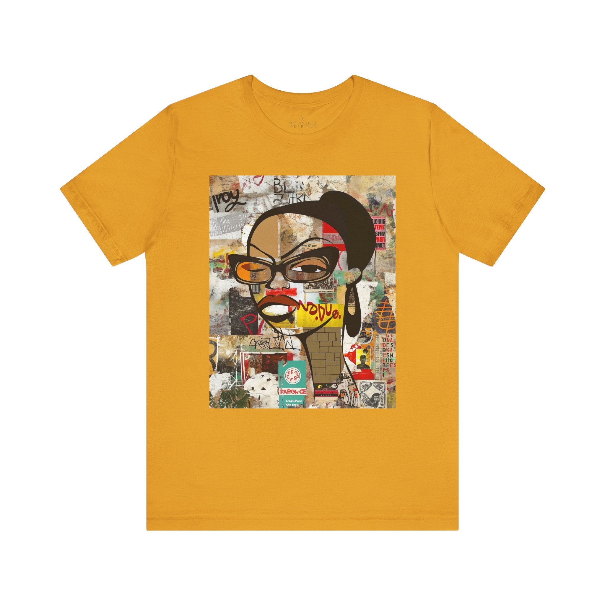 Graphic tee featuring an abstract cartoon-style illustration of a confident Black woman with stylish black-framed eyeglasses and a one-eyed inquisitive stare. The design has a bold, graffiti-inspired look that celebrates Black girl magic, attitude, and self-expression.