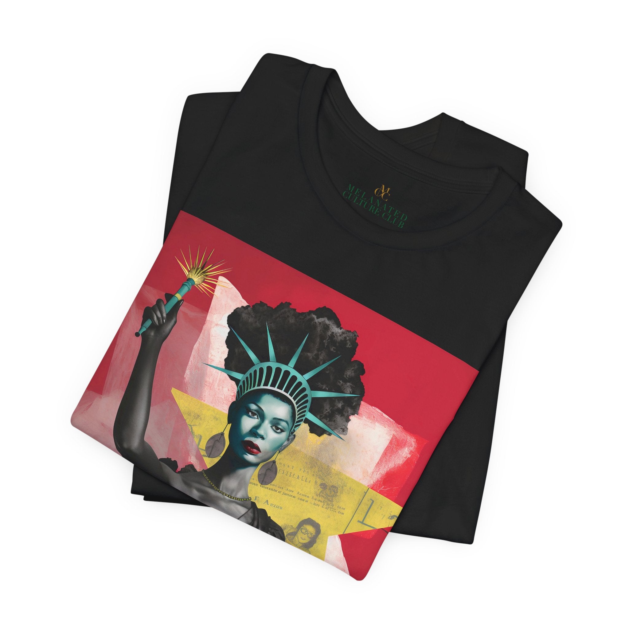 Woman Statue of Liberty Tee featuring an abstract African American reinterpretation of the iconic New York City monument. A powerful symbol of freedom, empowerment, and cultural pride.