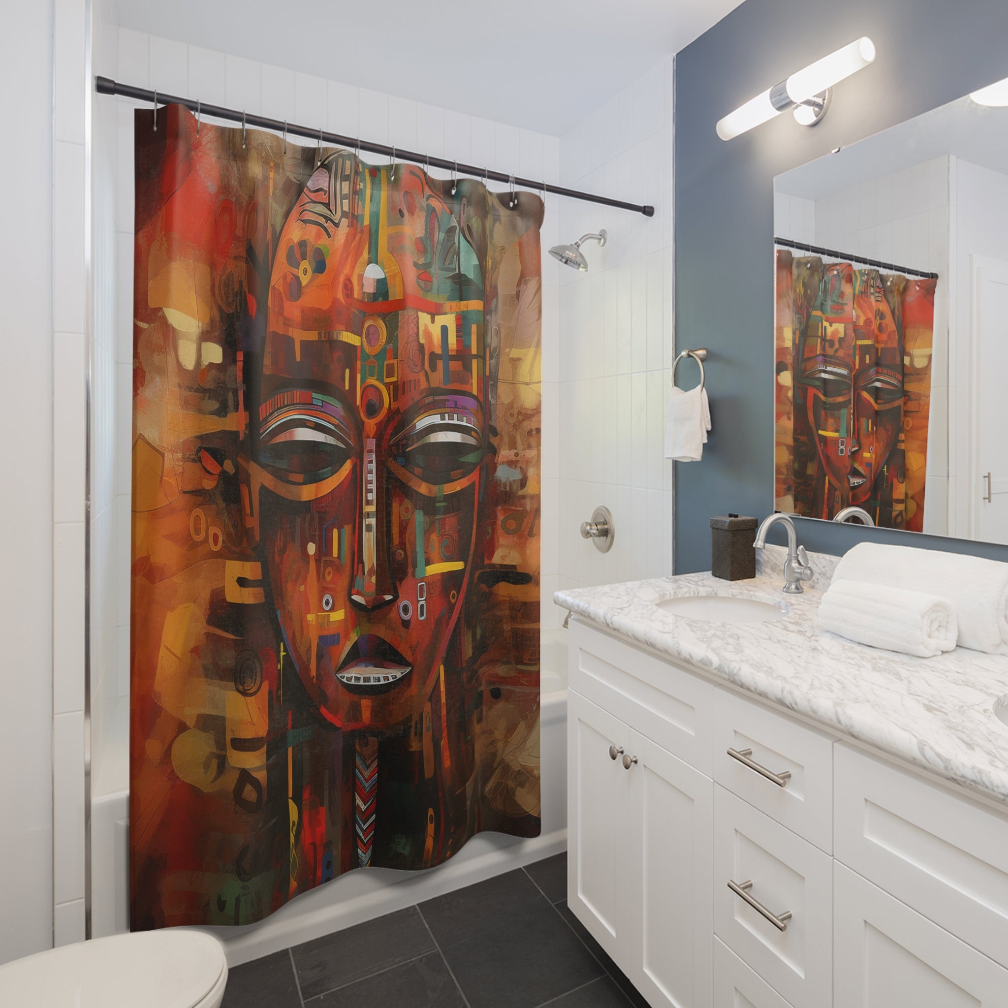 Bathroom shower curtain featuring an abstract African mask design with bold Afrocentric patterns, ideal for African-inspired home decor.