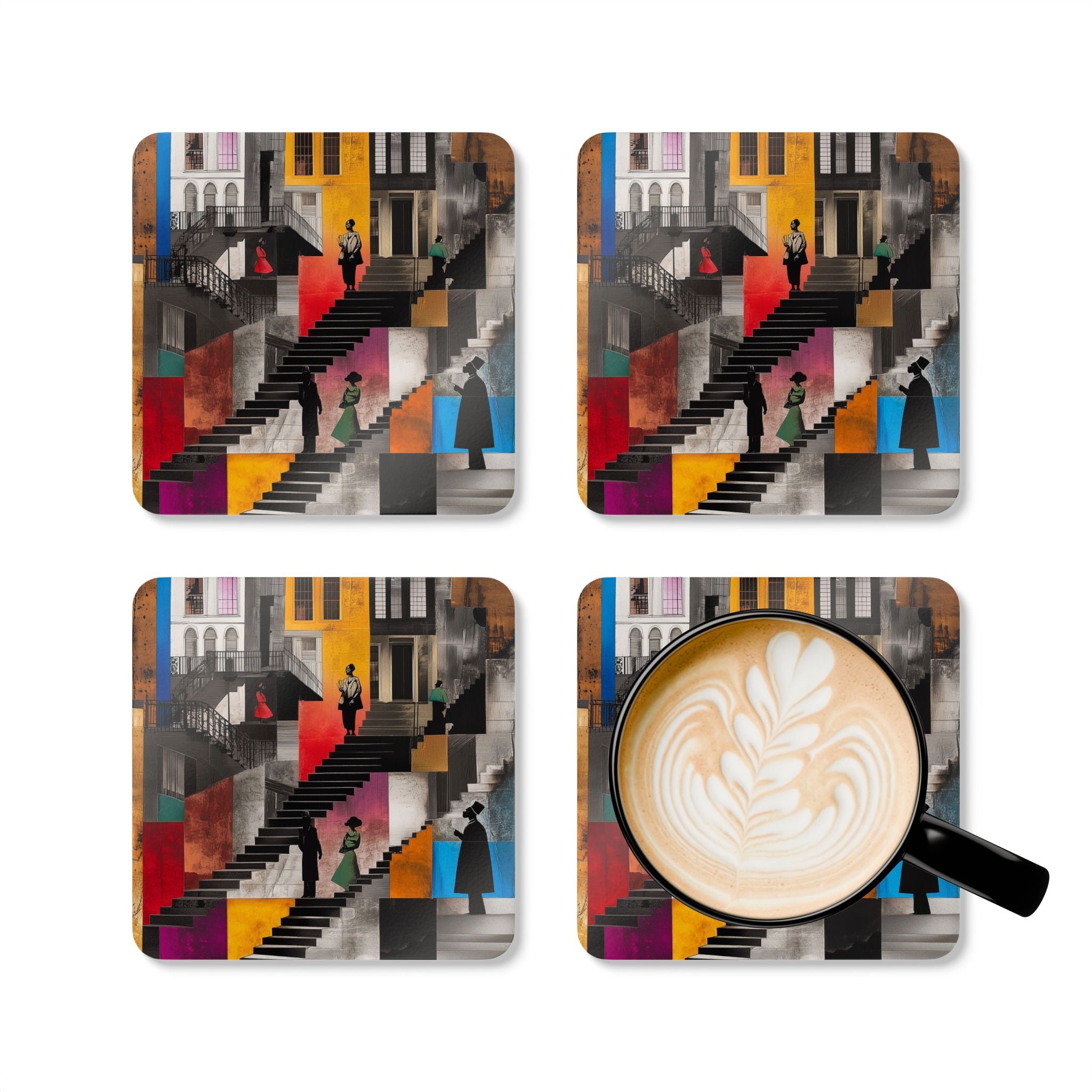 Set of 4 Harlem Neighborhood Drink Coasters featuring abstract illustrations of Harlem brownstones, Afrocentric barware accessory for home decor