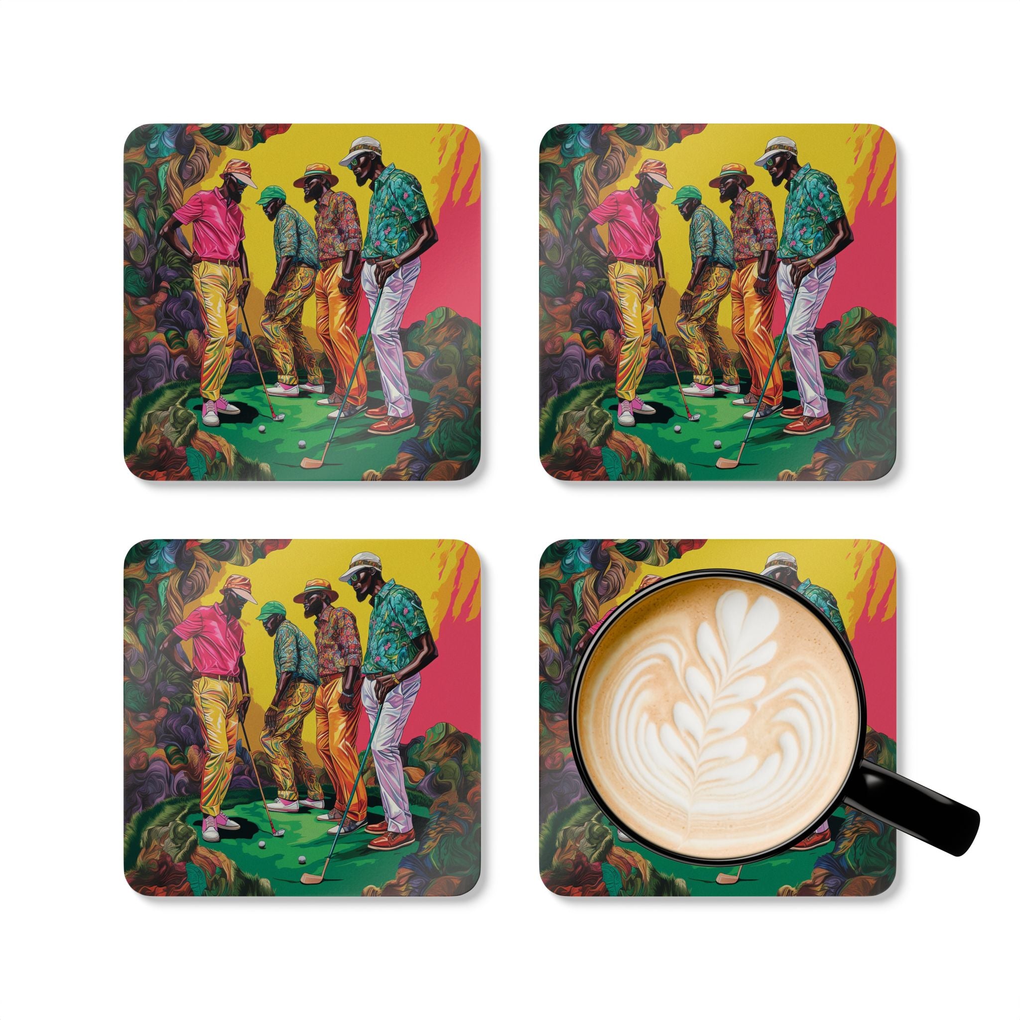 Set of 4 drink coasters featuring African American men golfers stylishly dressed in colorful golfing attire. Celebrates Black culture and is perfect as barware or a unique gift for Black men who love golf.