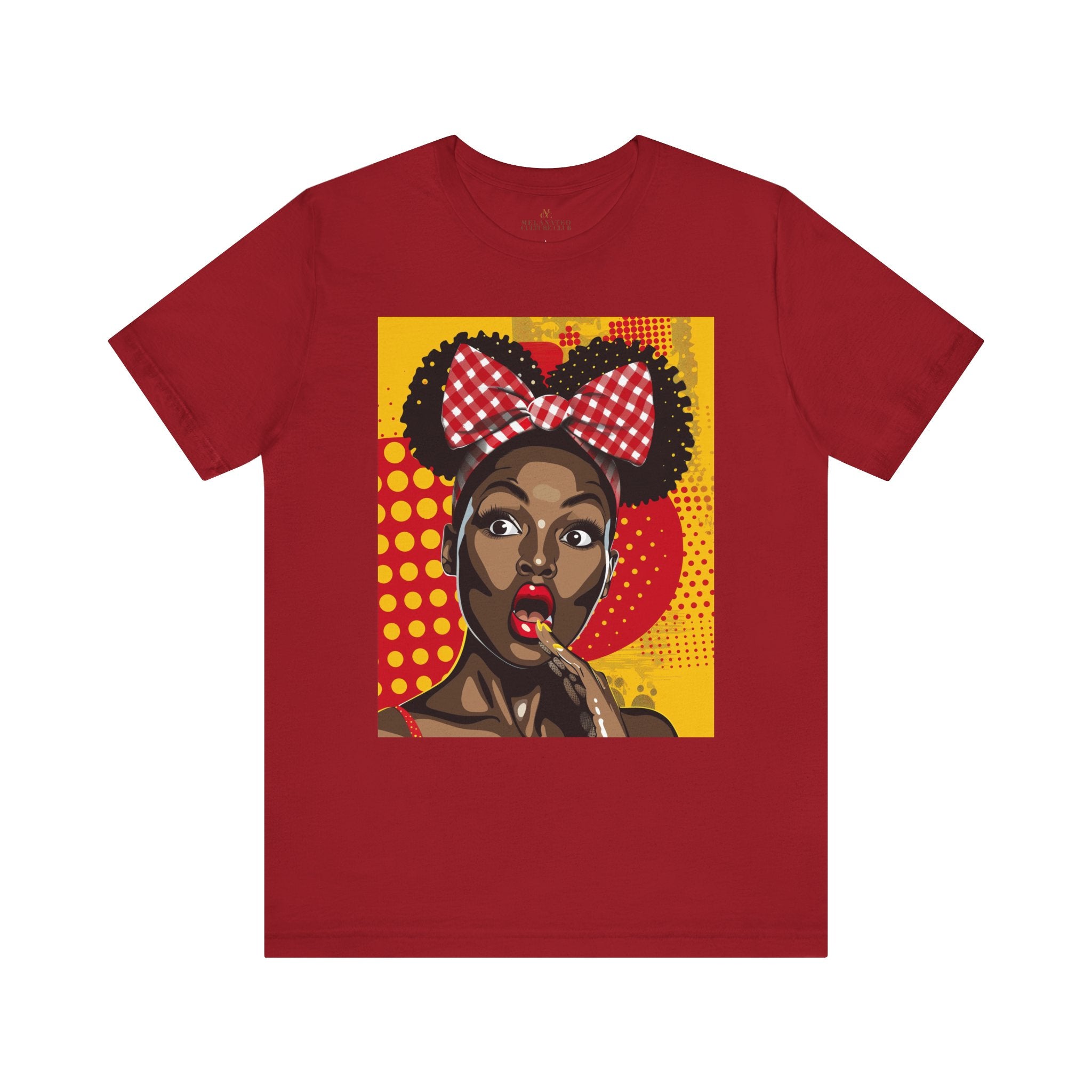 Black Girl Shocked Look Tee Shirt featuring a cartoon-style pop art illustration of a Black woman with natural hair and a red polka-dotted hair bow. Afrocentric graphic tee celebrating Black Girl Magic and expressive streetwear style.
