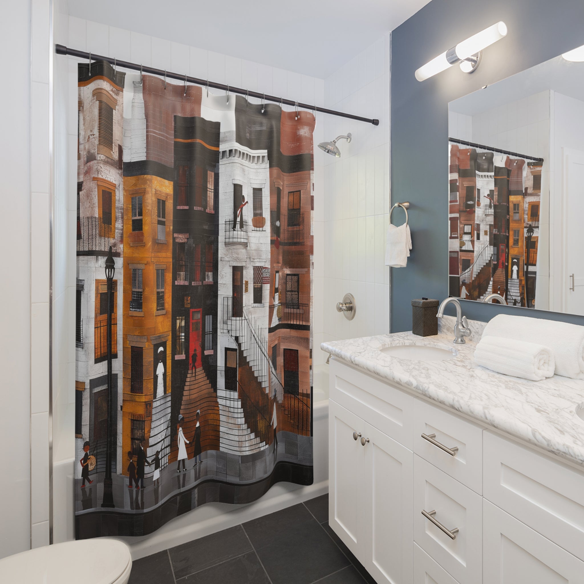 Harlem Neighborhood Shower Curtain featuring abstract brownstones and street life, Afrocentric bathroom decor inspired by Harlem culture.