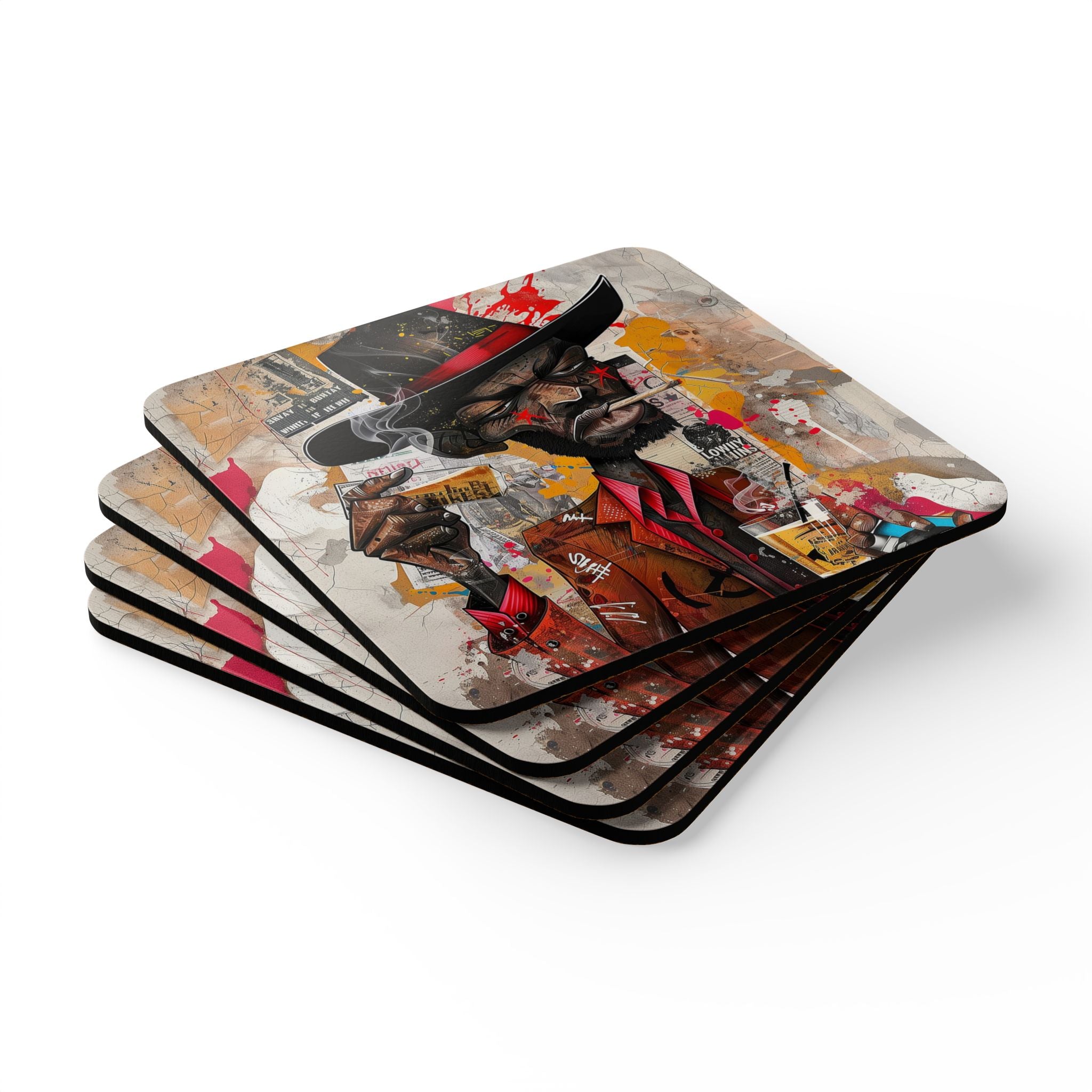 Drink Coasters featuring an African American cowboy in graffiti pop art style with cartoon elements—bold, Afrocentric barware decor set of coasters.