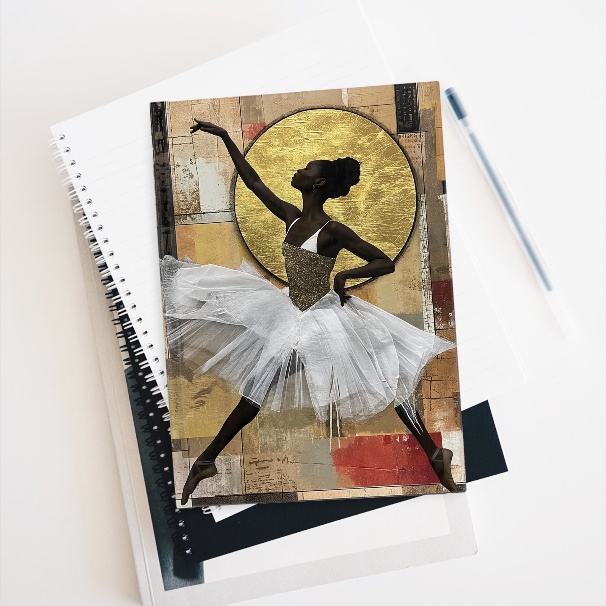 Black Ballerina Journal featuring a graceful Black woman ballet dancer. A perfect sketchbook and writing journal for students, artists, and lovers of Black woman art.